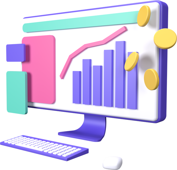 3D Computer with Sales Report Illustration 